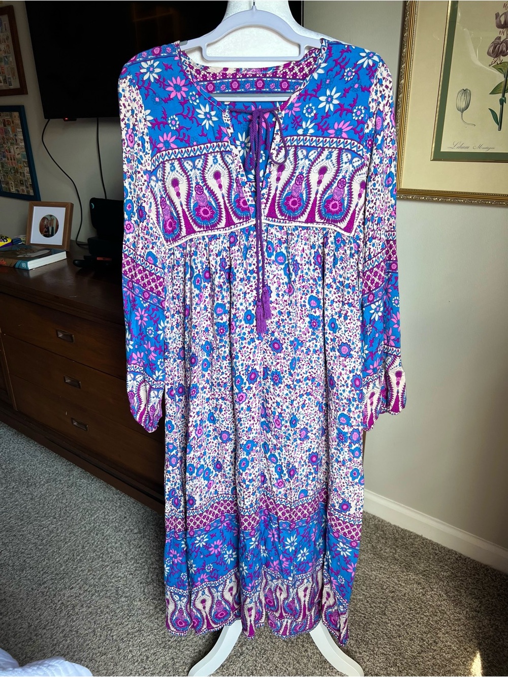 Boho Floral Midi Dress in Blue and Purple